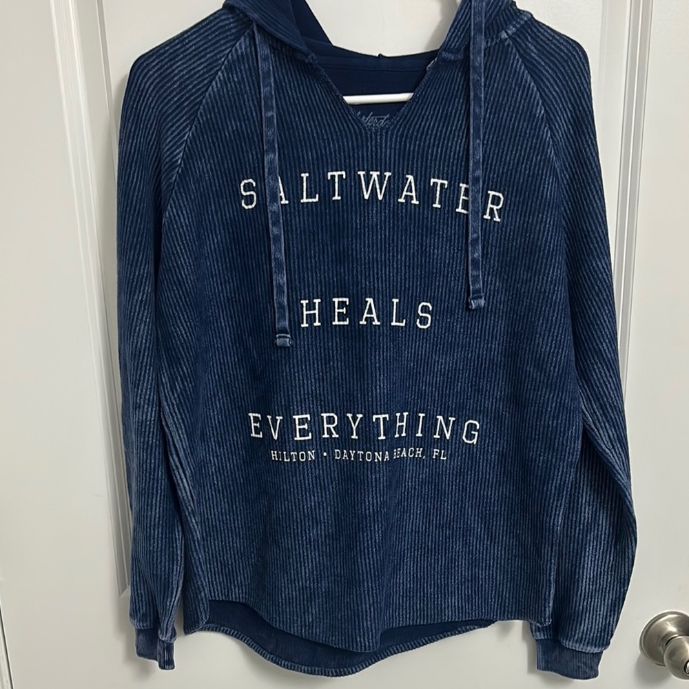 Blue V-Neck Sweater with Text